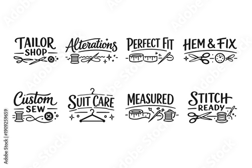 Tailoring icons featuring sewing tools and custom clothing services