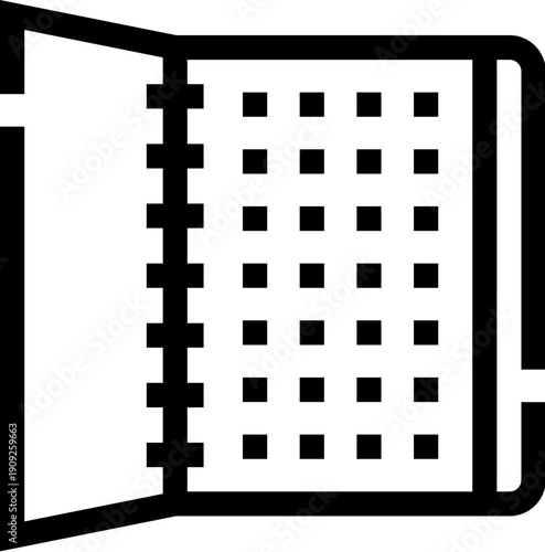 Open spiral bound notebook with square ruled pages ready for writing, drawing, planning, or studying, symbolizing education, creativity, and organization in a simple icon style