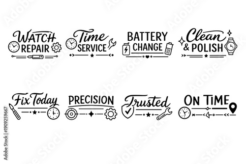 Watch repair and maintenance icons: battery change, cleaning, polishing, precision services