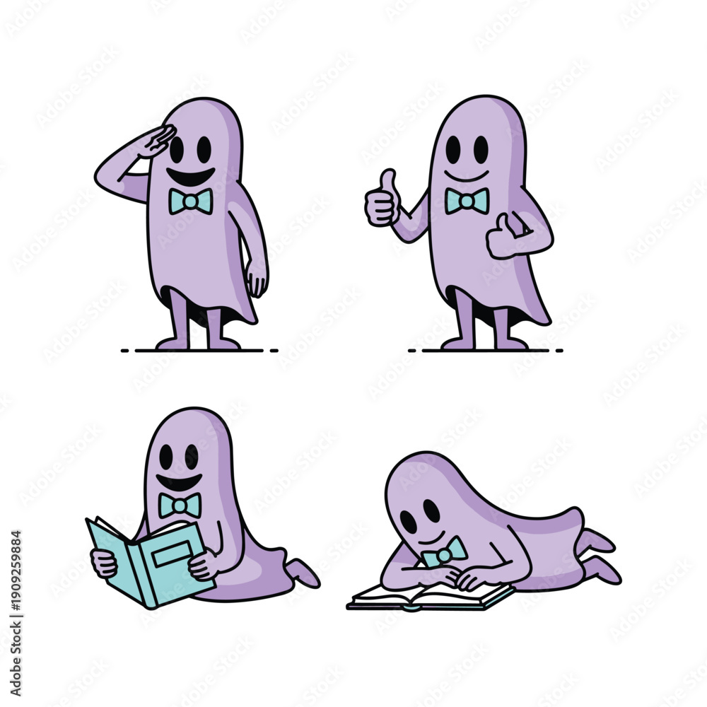 Obraz premium Cartoon ghost character set showing various activities with bow tie and copy space