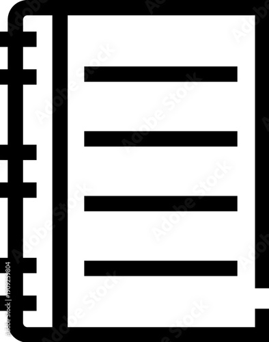 Black and white outline icon illustrating a spiral bound notebook with ruled pages, symbolizing education, writing, studying, planning, and information management in various contexts