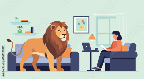 A lion stands in a living room with a person working on a laptop