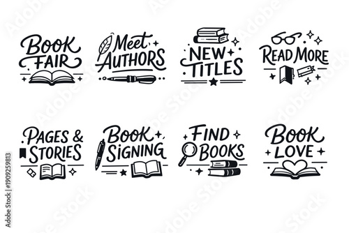 Book fair icons featuring meet authors and new titles