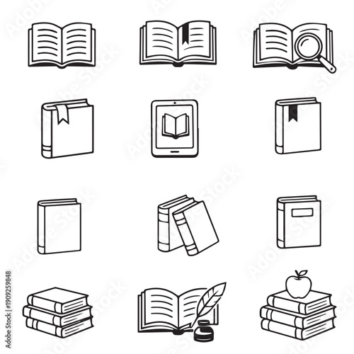 Vector illustration set featuring various book. Ideal for educational and literary themes.
