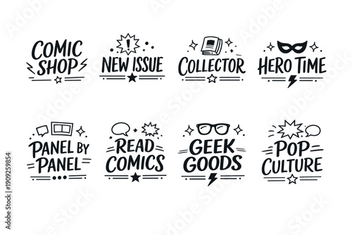 Comic-themed graphic elements collection with text and icons