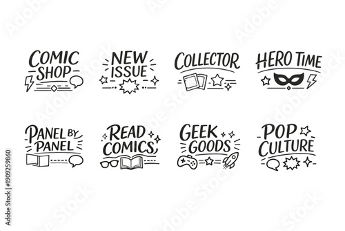 Comic-themed icons featuring comics, collectibles, geek culture, and pop culture elements