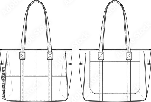 Structured tote handbag technical flat illustration showing front and back views with stitched panels and reinforced shoulder straps