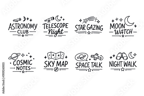 Astronomy club designs: telescopes, stargazing, moon watching, space exploration icons