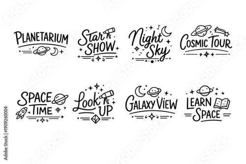 Cosmic exploration typography with space-themed illustrations