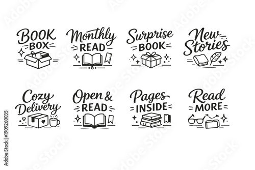 Reading icons set: books, delivery, surprise, new stories, cozy, open, pages, read