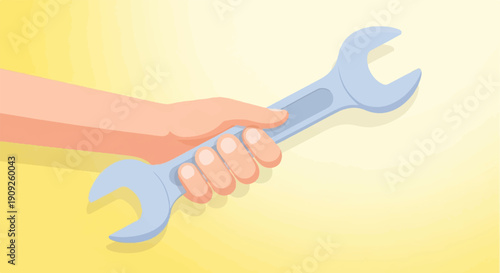 A hand grips a light blue wrench against a soft yellow background