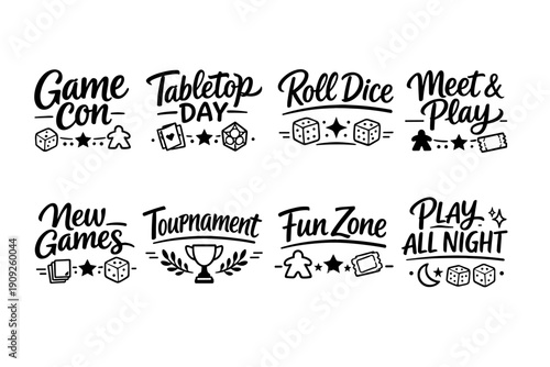 Board game event logos with dice and cards illustrations