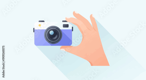 A hand holds a vintage-style purple and white camera