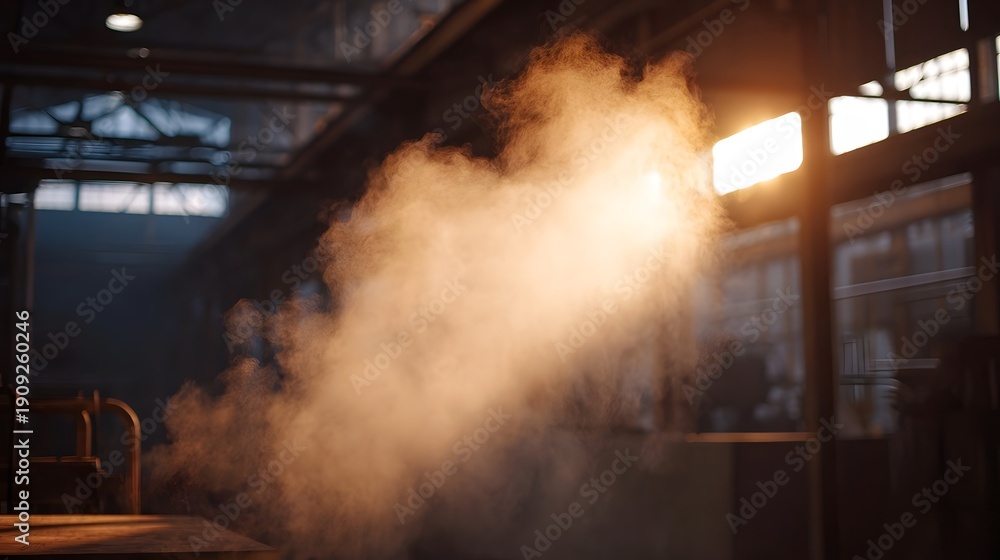 Obraz premium Steam rises dramatically in a dimly lit industrial factory illuminated by a bright overhead light