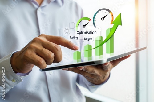 Businessman analyzing data on tablet with optimization and testing graphics