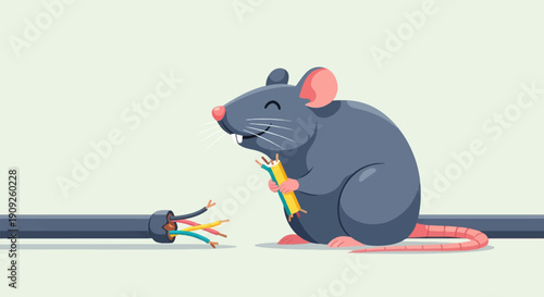 A happy rat chews on exposed wires of a damaged cable