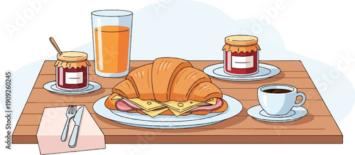 A hearty breakfast spread featuring a stuffed croissant, juice, coffee, and jam