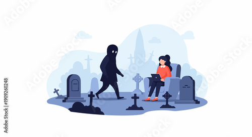 A mysterious figure approaches a woman working on a laptop in a graveyard at dusk