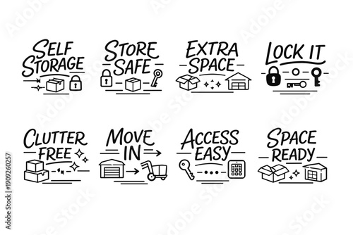 Self storage icons: secure spaces and easy access illustrations