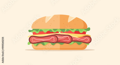 A hearty sub sandwich filled with lettuce, tomato, cheese, and thinly sliced meat