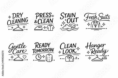 Laundry service icons: dry cleaning, press clean, stain removal, fresh suits