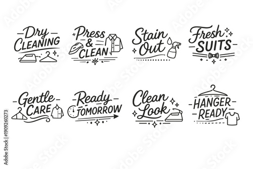 Laundry service labels set: dry cleaning, press & clean, stain removal, fresh suits