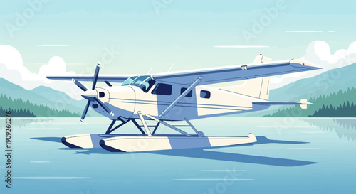 A pixelated seaplane rests on calm water with mountains and forest