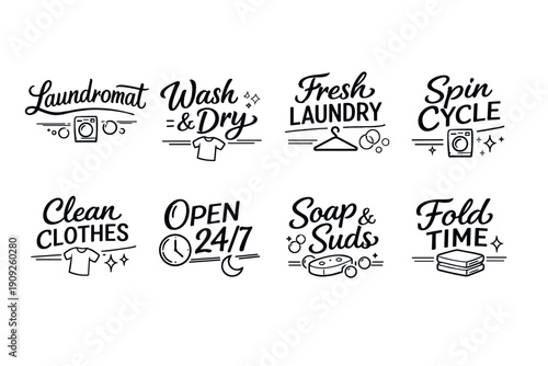 Laundry service icons: wash, dry, and open 24/7 symbols