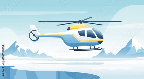 A helicopter flies over a frozen landscape with mountains