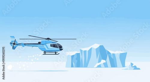 A helicopter flies over ice formations in a stark, icy environment