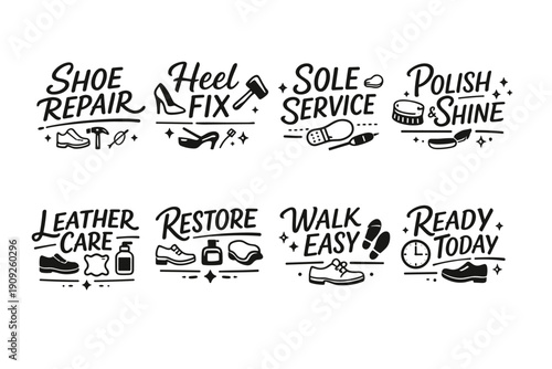 Shoe repair services: heel fix, sole service, leather care icons