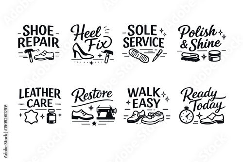 Shoe care and repair icons: heel fix, sole service, polish shine, leather care