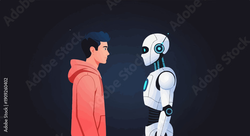 A human in a red hoodie faces a white humanoid robot against a dark background