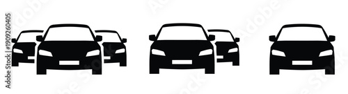 A black and white vector illustration depicting three stylized cars lined up in a row facing forward