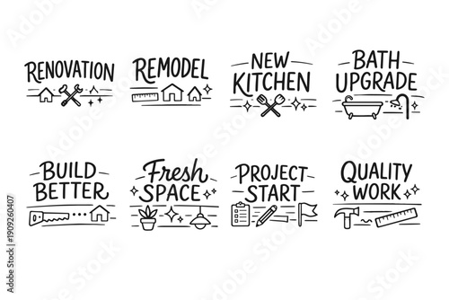 Home renovation and remodeling icons: kitchen, bath, upgrade, quality work