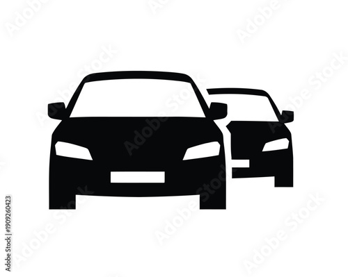 Two modern black silhouette cars are depicted facing forward against a white background simple vector graphic