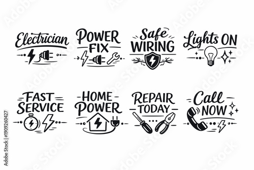 Electrician services icons: power fix, safe wiring, fast service, home repair