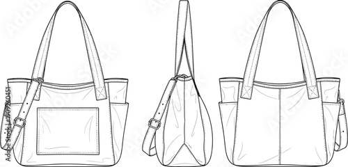 Modern tote handbag technical flat sketch with front side and back views featuring shoulder strap and pocket design details