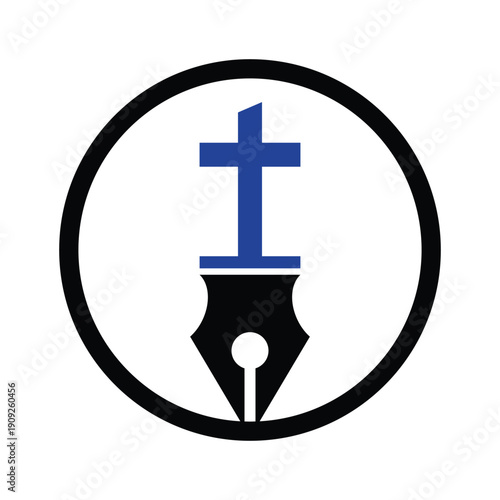 Faith Education Logo with Cross and Pen Symbol.