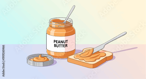 A jar of peanut butter, its lid, and a slice of bread with peanut butter