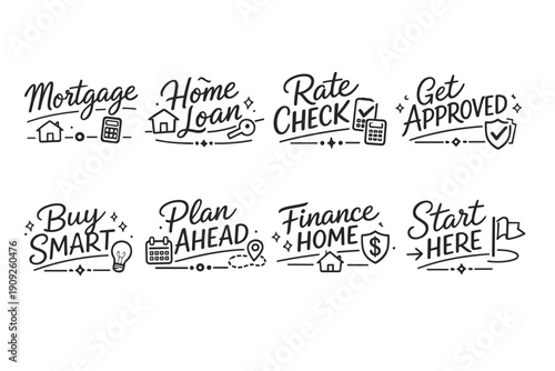 Financial planning icons: home loan, mortgage, rate check, budget tips