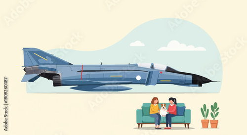 A jet fighter and two women with a dog sit indoors, plants on the side