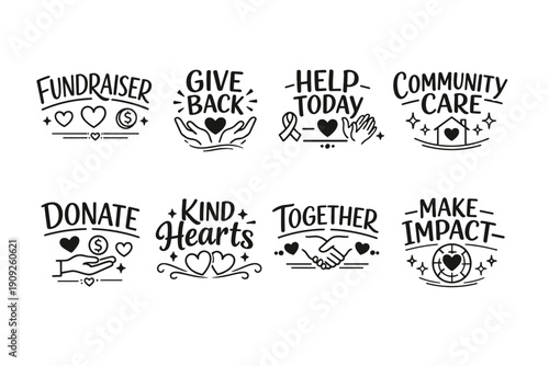 Fundraiser and charity icons: help, donate, give back, community impact