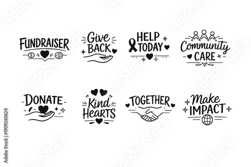 Charity icons: fundraiser, give back, help, community care, donate, kind hearts, together, make impact
