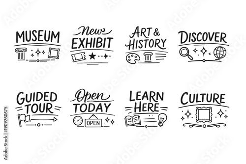 Museum icon set highlighting guided tours and exhibits with art and culture themes