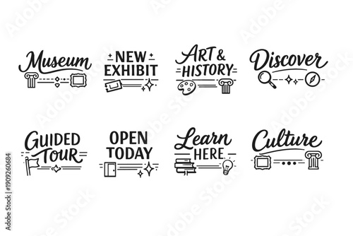 Museum art and history exhibit icons featuring discover culture and guided tour