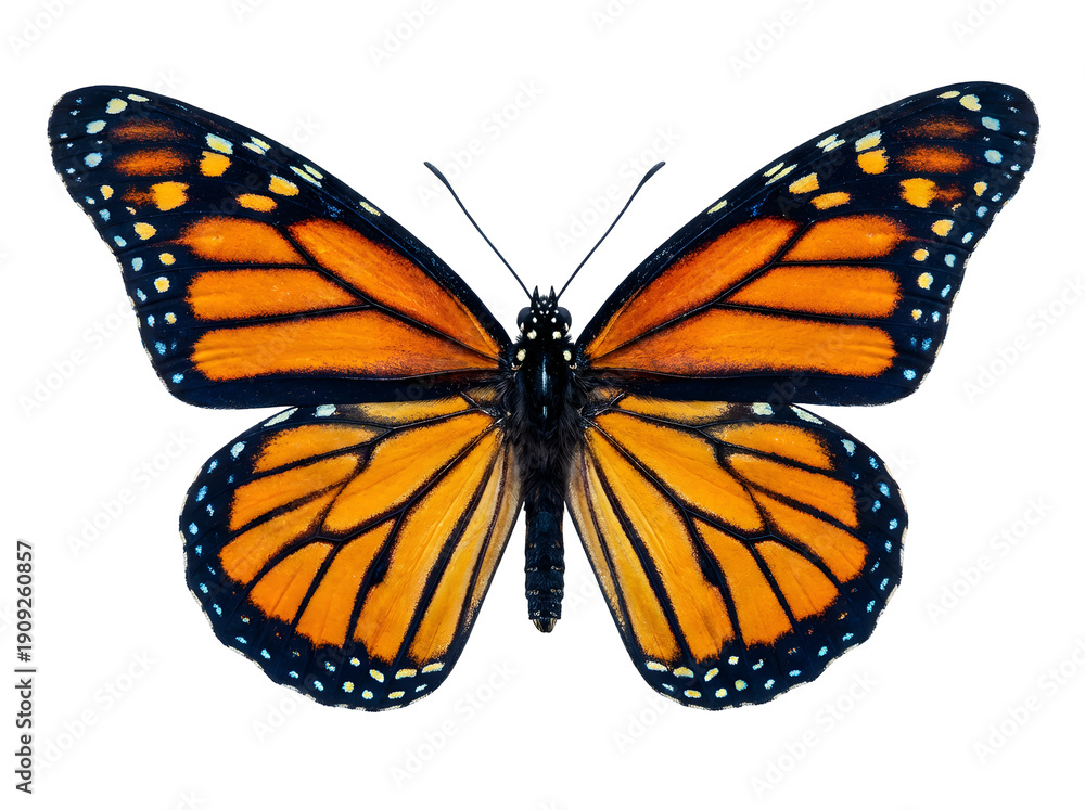 Obraz premium A vibrant Monarch butterfly with iconic orange and black wings isolated against a clean black background