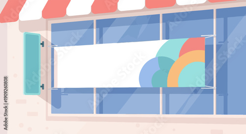 A shop window with a blank banner adorned with abstract colorful arcs