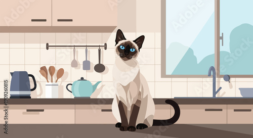 A Siamese cat sits on a kitchen counter next to a teapot and kettle