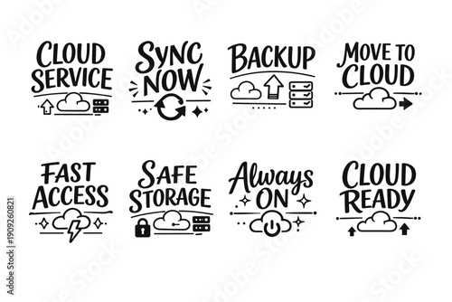 Cloud service icons: sync, backup, access, storage, always on, cloud ready